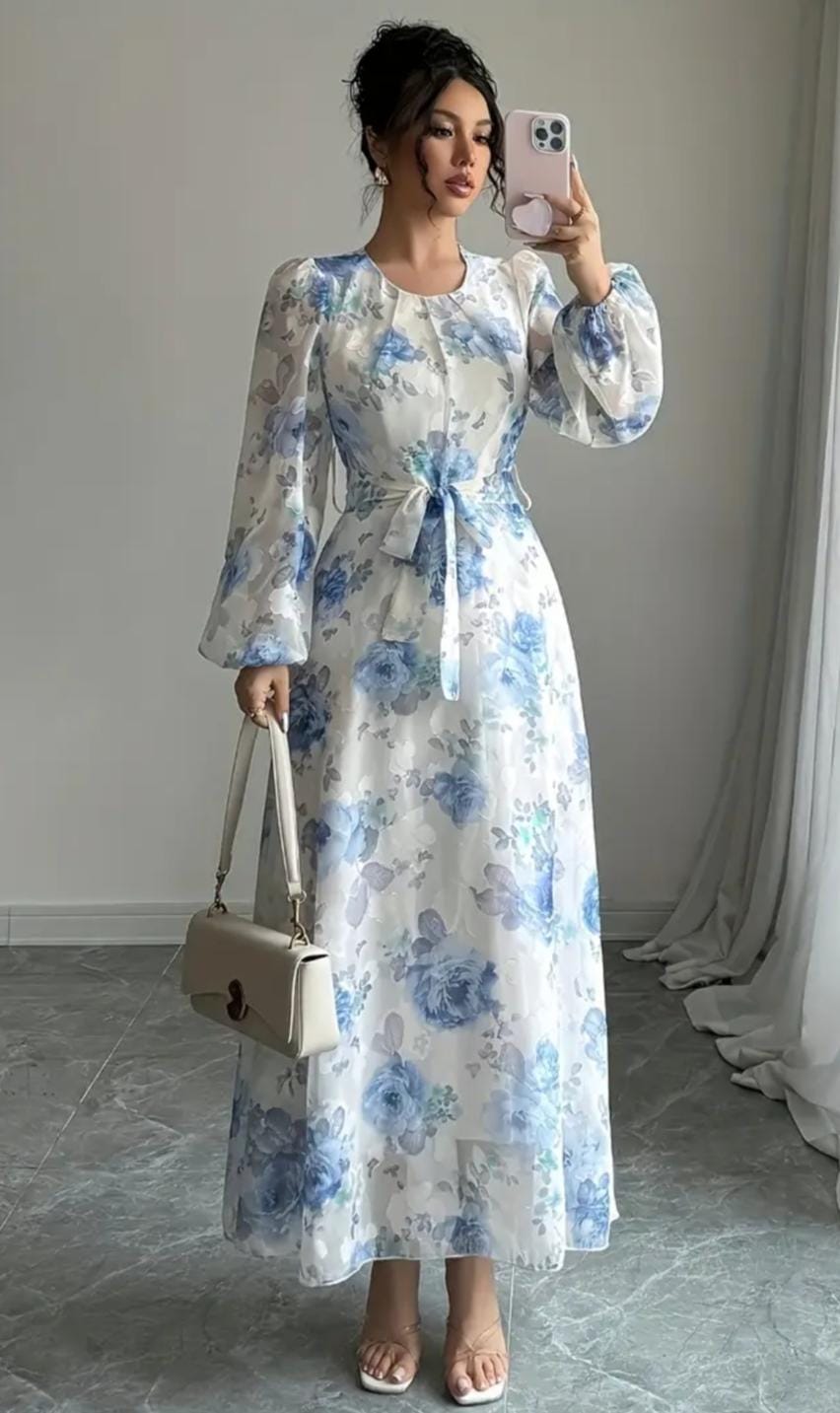 Vestido Estampado Floreado Azul-Celeste