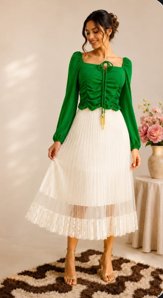 Falda Plizada Blanco en Tul-Gamuza