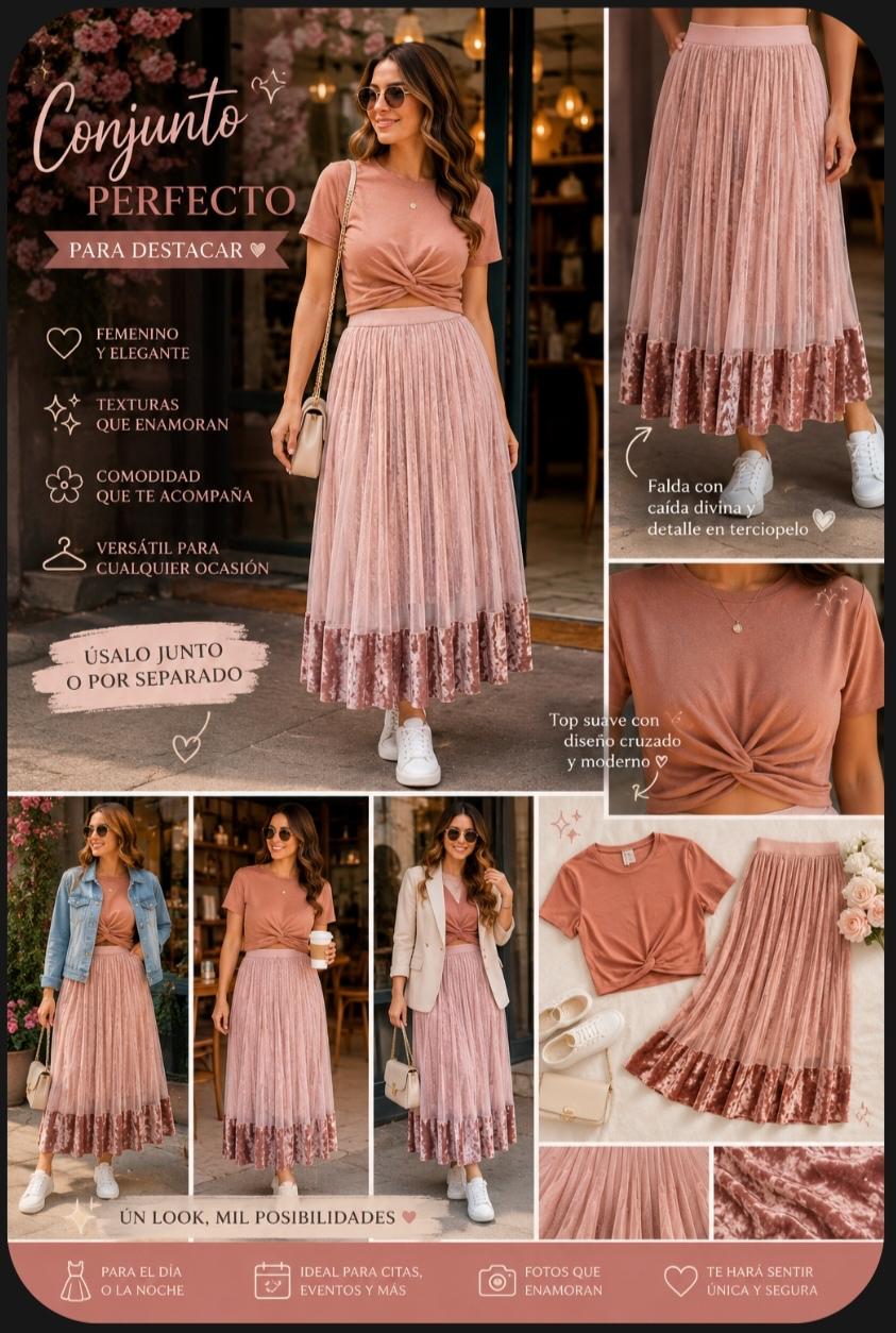 Falda Plizada Palo de Rosa en Tul-Gamuza