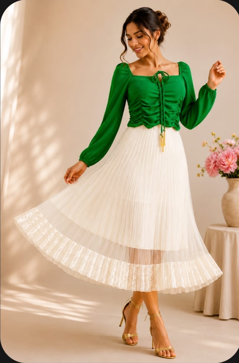 Falda Plizada Blanco en Tul-Gamuza